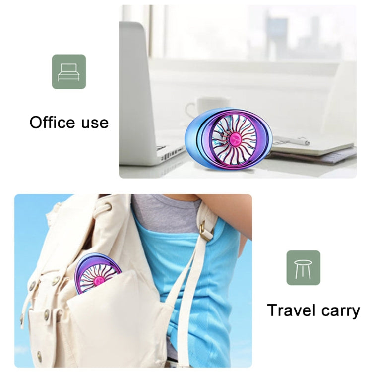 Portable car vent fan with blue-and-purple LED grille, placed on desk near bag