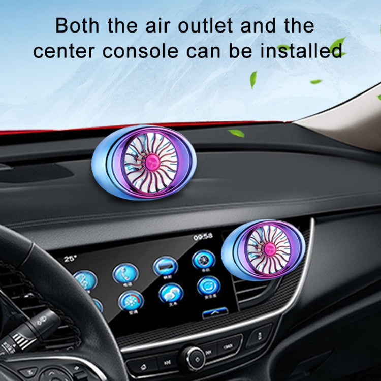 Portable car vent fan, two units with blue-and-purple LED grilles mounted in car