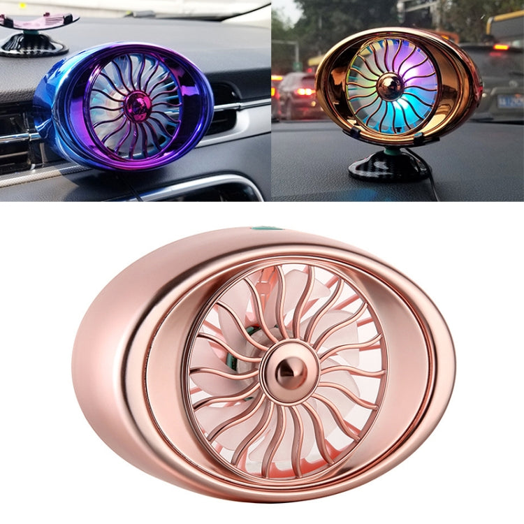 Portable car vent fan with blue-violet glowing LED ring and visible blades