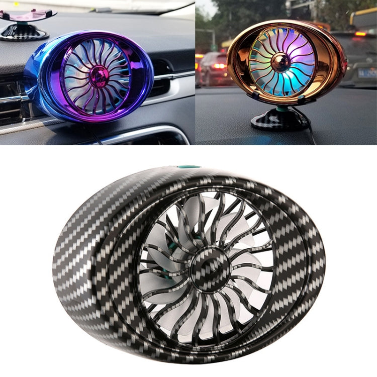 Portable car vent fan with black carbon-fiber housing and silver fan blades