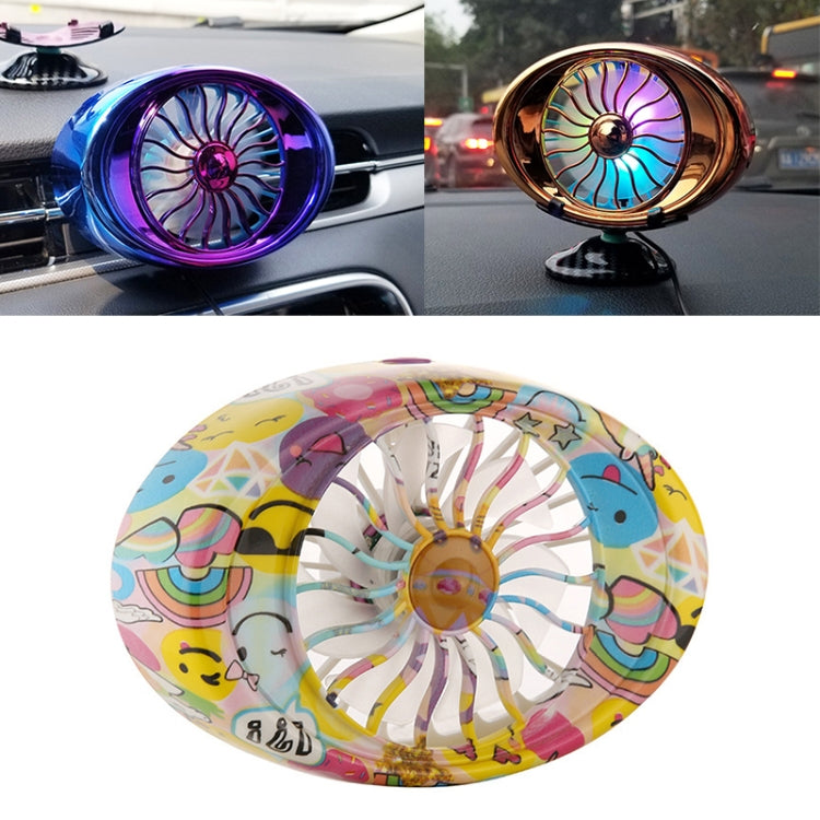 Portable car vent fan with colorful printed cover and white-edged fan blades