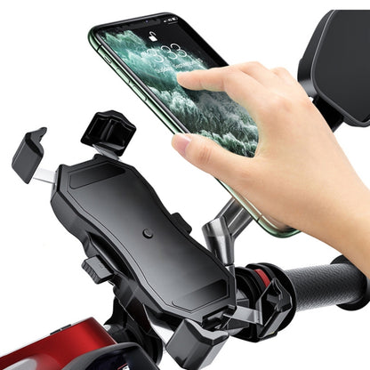 Black semi-automatic phone holder bracket with clamping arms and grip pads