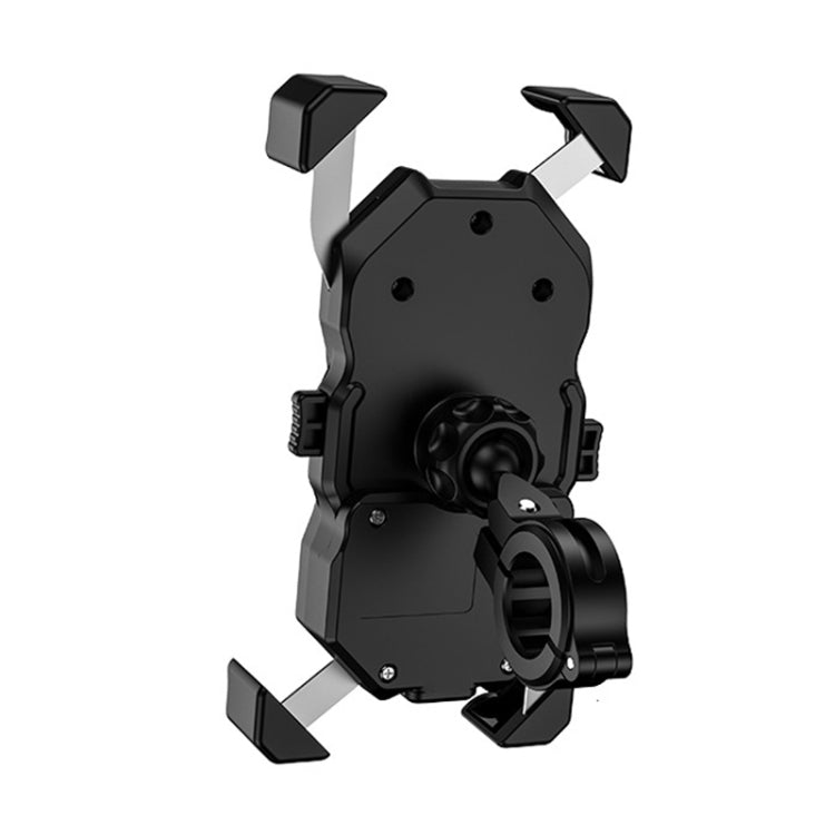 Black phone holder bracket with circular mount and swing arms, front angle
