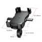 Black phone holder bracket with adjustable handlebar clamp, close side view