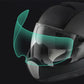 Motorcycle helmet visor anti-fog film applied, clear curved shield with green tint effect