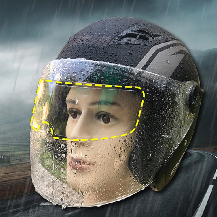 Anti-fog visor film on motorcycle helmet in rain, clear shield covering the face opening