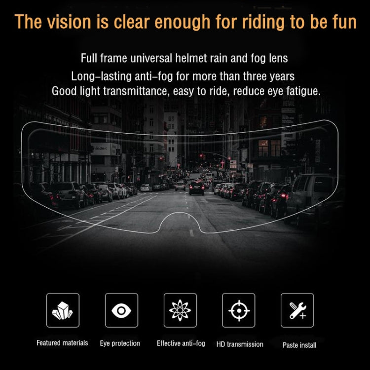 Helmet rain and fog lens anti-fog film promotional graphic with icons