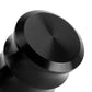 Black round end cap of automatic gear shift knob with textured radial pattern