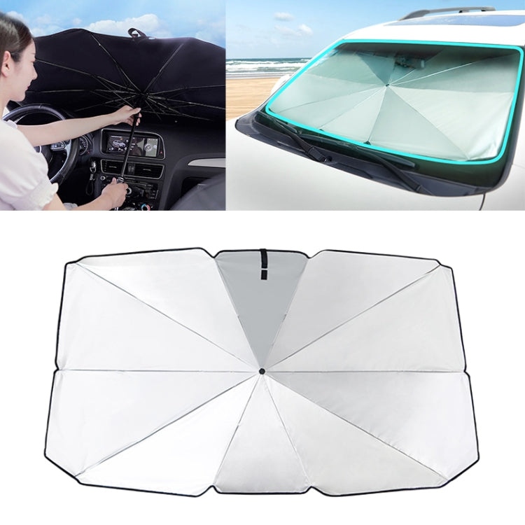 Black retractable car windshield sunshade with umbrella-style spokes