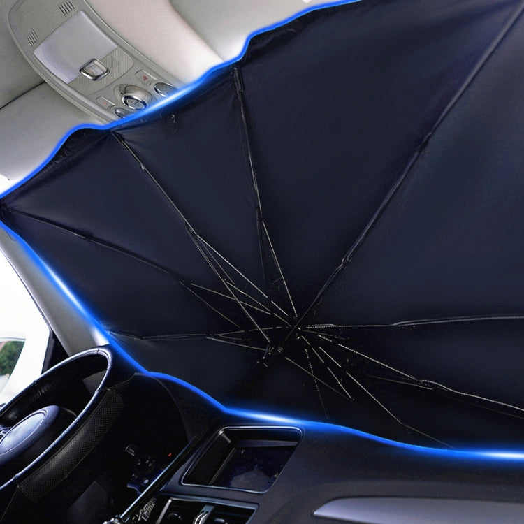 Black windshield sunshade with blue trim and umbrella spokes