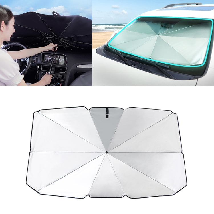 Car windshield sunshade, dark umbrella-style fabric with tie strap and support rods.
