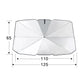 Car windshield sunshade, white folding umbrella-style panel with center hub and straps.