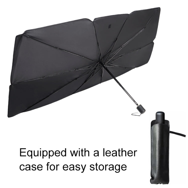 Car windshield sunshade in black with leather storage case and pull handle strap.
