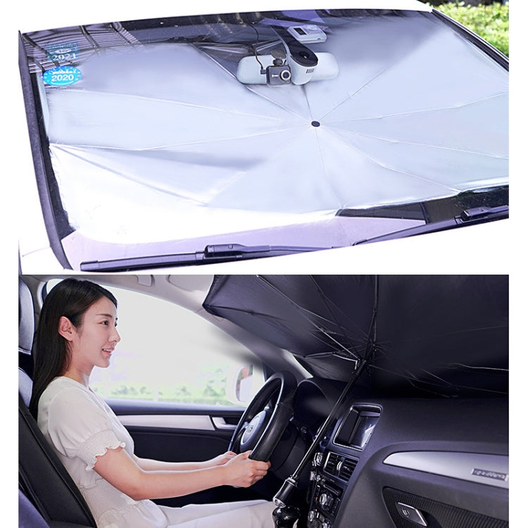 Car windshield sunshade, white umbrella-style cover fitted inside the front windshield.