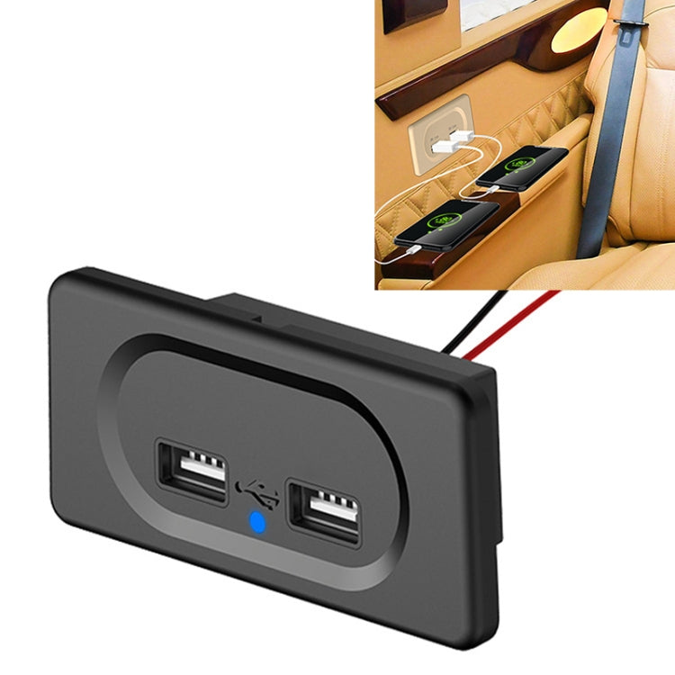 Black dual-USB car charger panel with two USB ports and blue power indicator