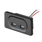 Black dual-USB car charger with two USB ports and blue power light