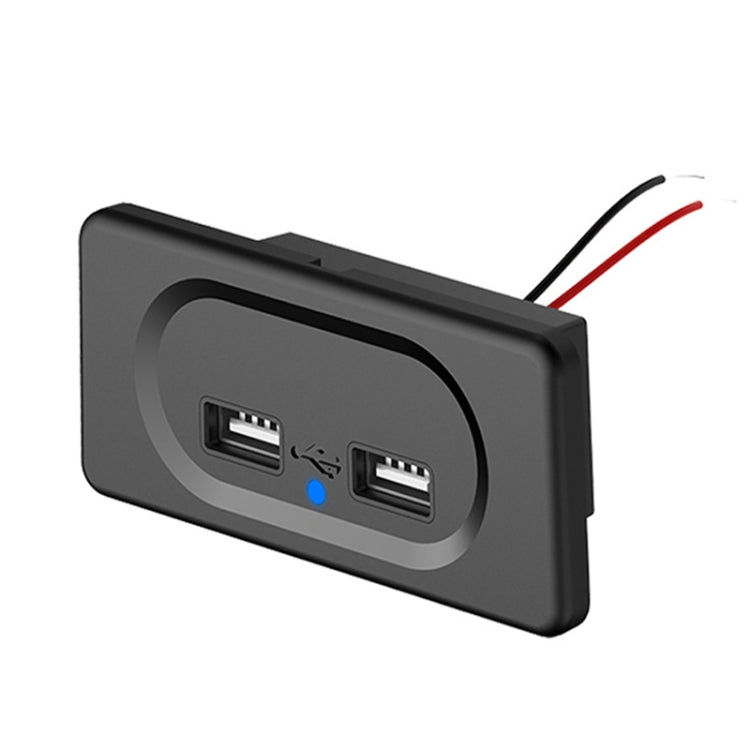 Black dual-USB car charger with two USB ports and blue power light