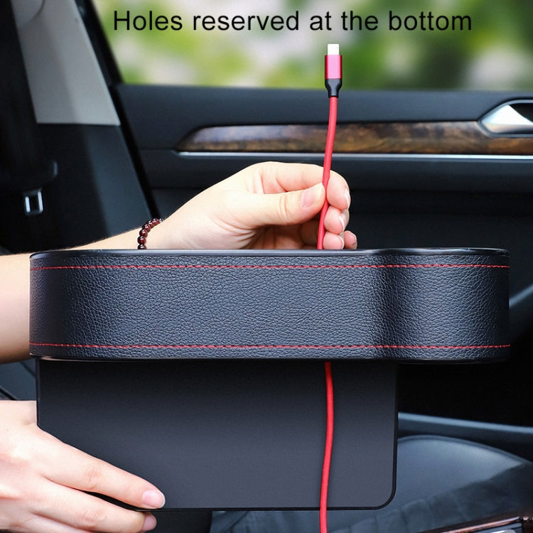 Black car console organizer with red-stitched top edge and bottom mounting holes