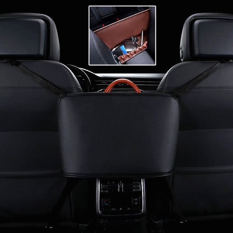 Car front seat hanging storage bag, dark brown leather-look exterior on seat