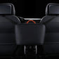 Car front seat hanging storage bag with dark leather-look front panel on seat