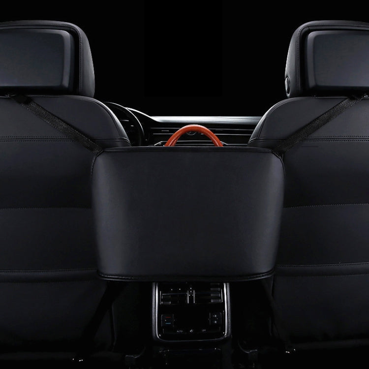 Car front seat hanging storage bag with dark leather-look front panel on seat