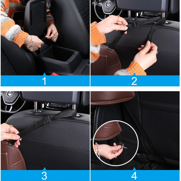 Car seat hanging storage bag in brown leather-look with straps and hanging clips