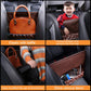 Brown car seat hanging storage bag with elastic top flap and internal pocket