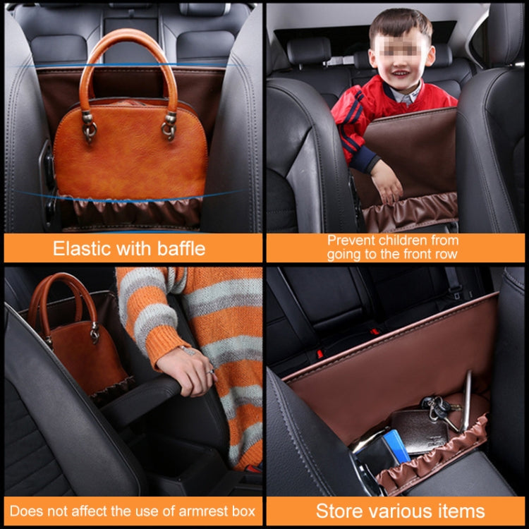 Brown car seat hanging storage bag with elastic top flap and internal pocket