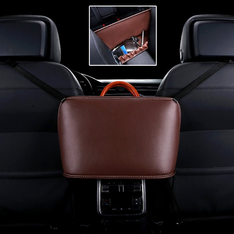 Brown front seat hanging storage bag with leather-look finish centered on seat