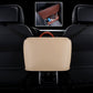 Beige car front seat hanging storage bag with leather-look finish on seat