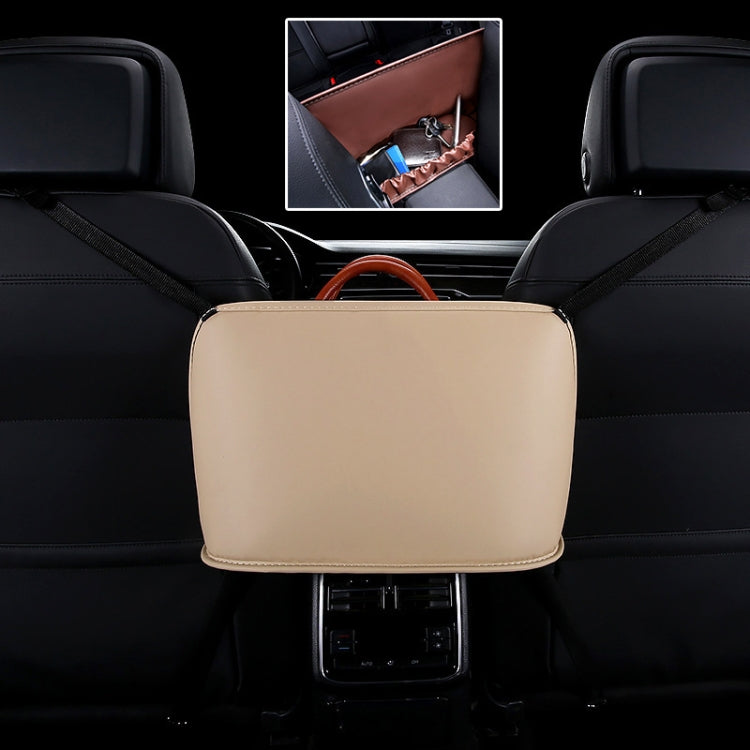 Beige car front seat hanging storage bag with leather-look finish on seat