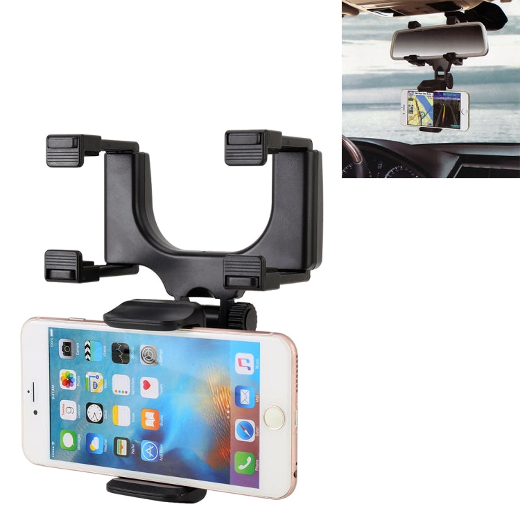 Black universal rearview mirror mount bracket with clamp arms for phone