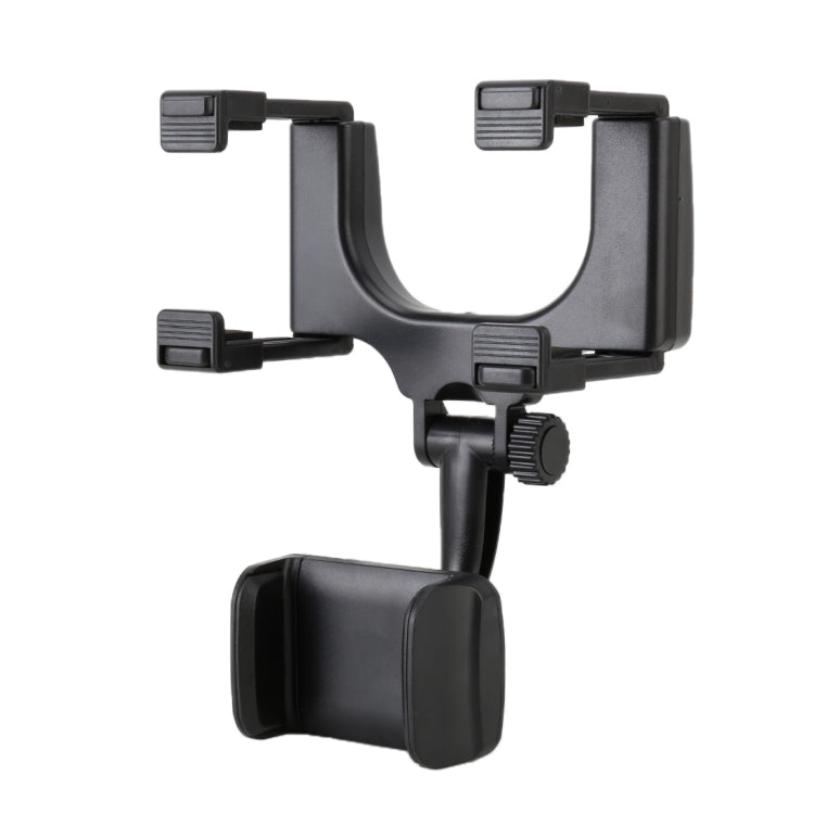 Black rearview mirror phone bracket with round adjustment knob and dual side clamps