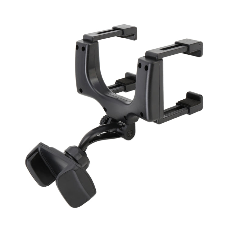 Black rearview mirror bracket with three strap-like clips and adjustable tilt joint
