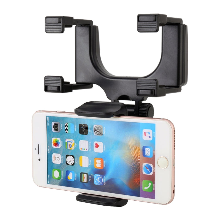 Black rearview mirror phone bracket holding a smartphone with cradle arms
