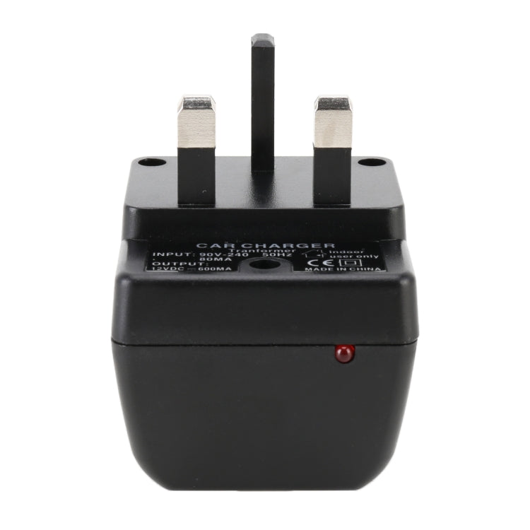 Black UK plug car charger adapter with three prongs and red indicator