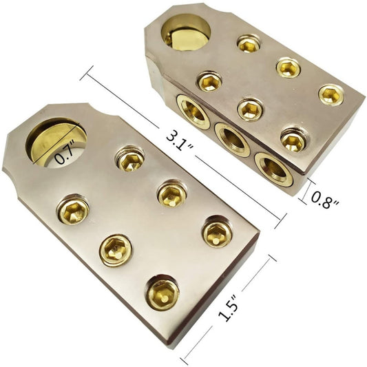 Gold-plated battery terminal audio connector blocks with size markings and ports