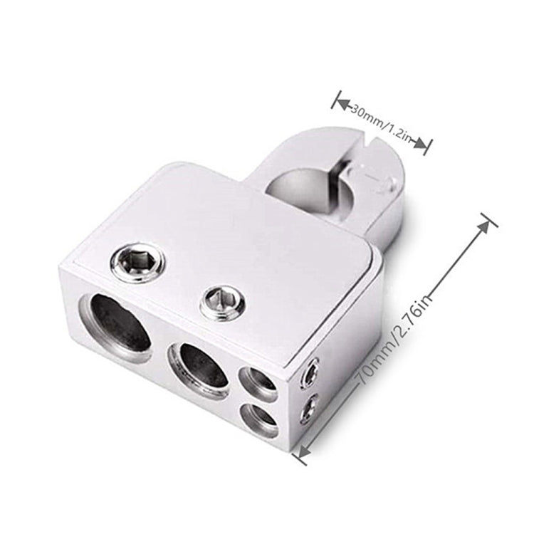Battery terminal connector block with two screw posts and side outlet holes, silver metal