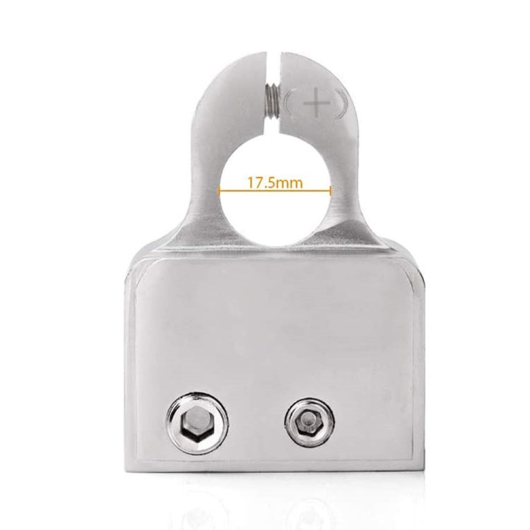 Battery terminal connector with U-shaped clamp and plus (+) marking, silver metal