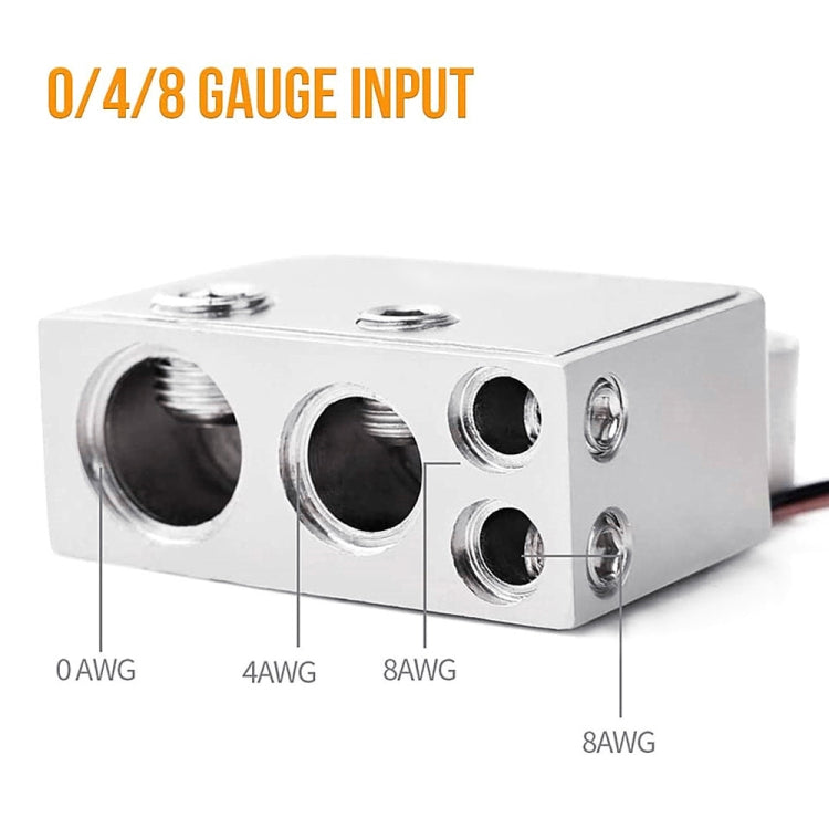 Battery terminal connector for 0/4/8 AWG input, multiple port sockets, silver metal