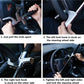 Steering wheel lock installed on car interior, black handle with metal hooks