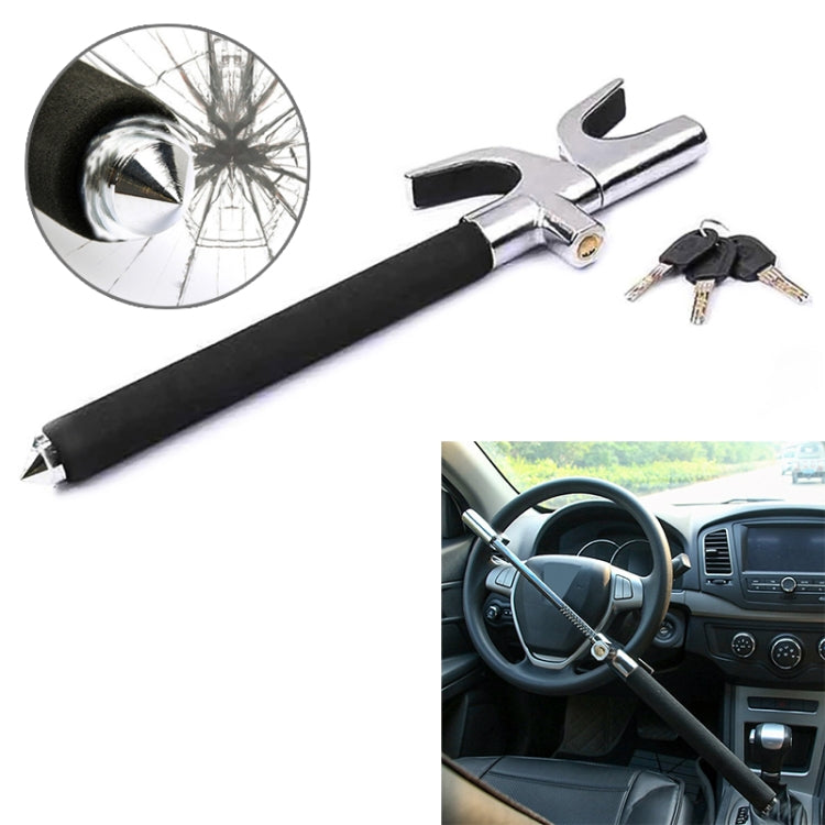 Car steering wheel lock with black handle, chrome U-bar, and safety hammer tip