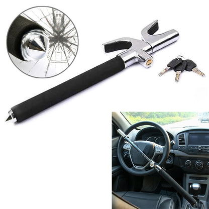 Car steering wheel lock with black handle, chrome U-bar, and safety hammer tip