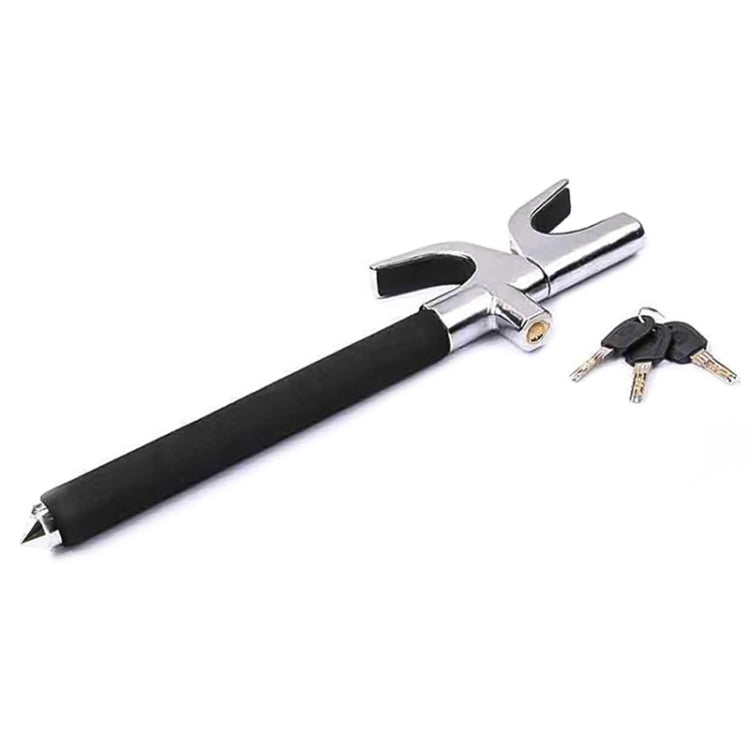 Telescopic U-shape steering wheel lock with black grip, chrome metal bar, and keys