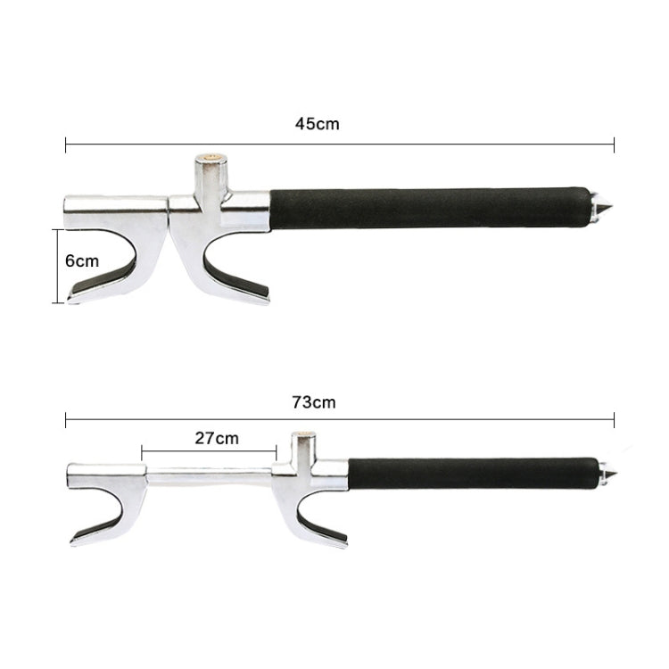 Steering wheel lock with safety hammer showing size measurements for U-bar and handle