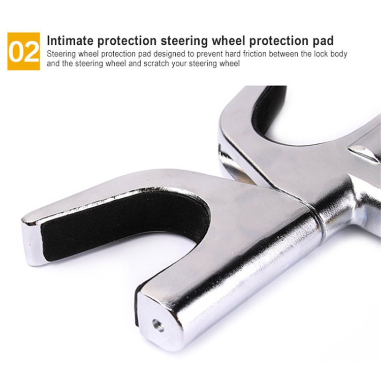 Close-up of U-bar steering wheel lock pad and chrome latch housing