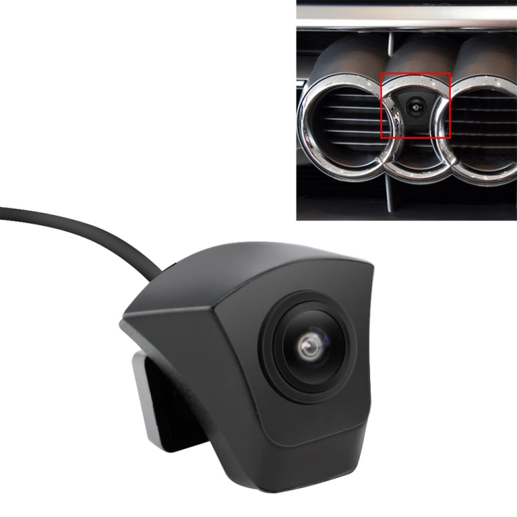 Black front-view car camera with attached cable and circular lens in a square housing