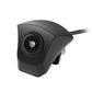 Black car front camera with wide lens, curved housing, and cable connection