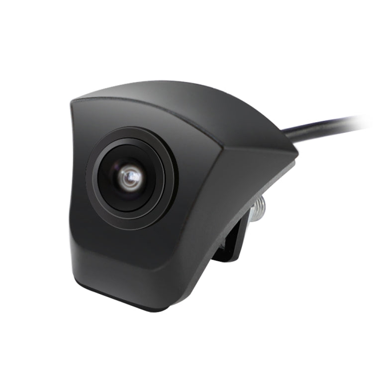 Black car front camera with wide lens, curved housing, and cable connection