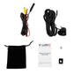 Car camera accessory set with camera unit, wiring harness, instruction card, and small bag